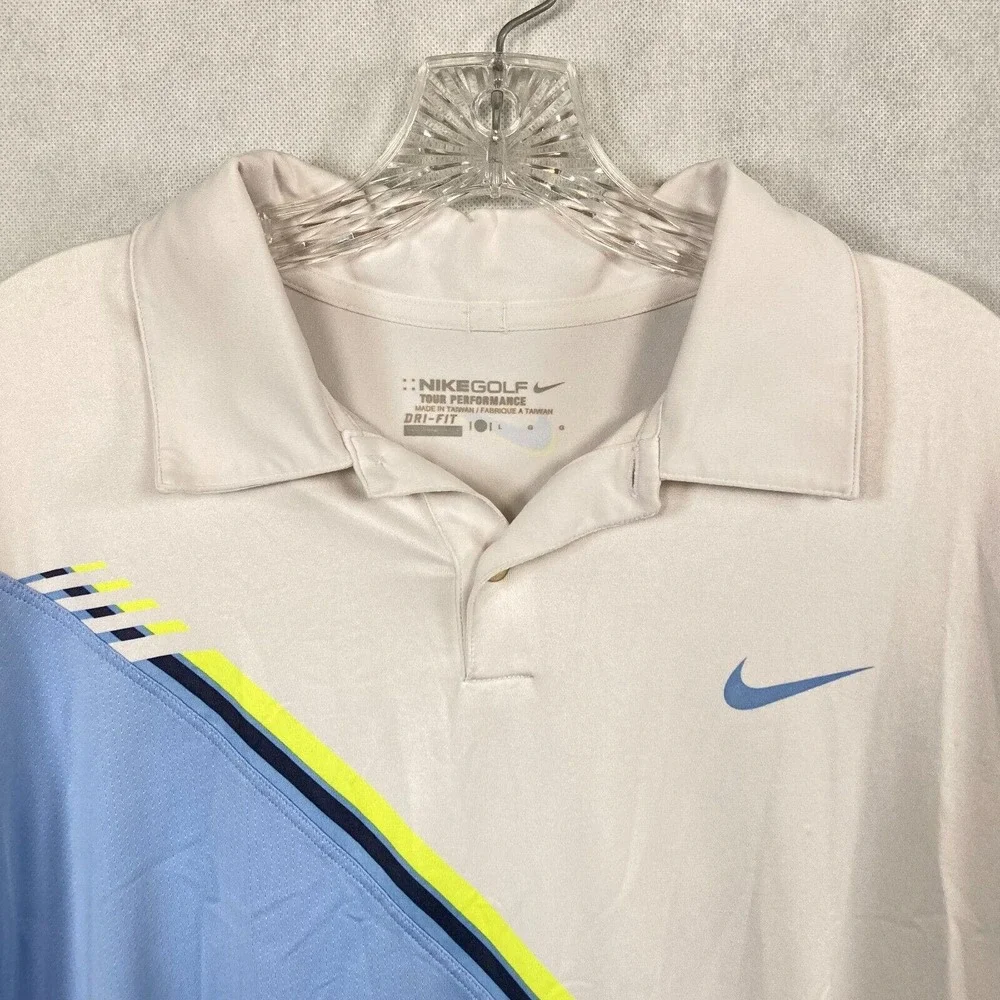 Nike Golf Polo Mens Sz L White‎ Blue Dri-Fit Performace Short Sleeve